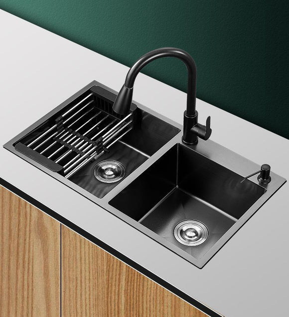 Sink Double Bowl 304 Stainless Steel Kitchen Sink 720 * 400mm Matt Black