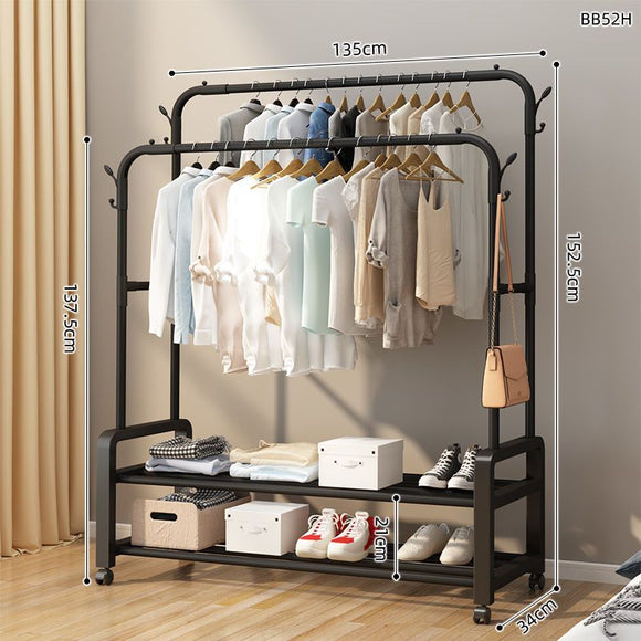 Brand New Freestanding Hanger Double Rods Clothing Rack Black 135cm Width  with 4 Wheels