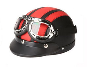 Leather Helmet Black Motorcycle Half Helmet and free goggles Size L