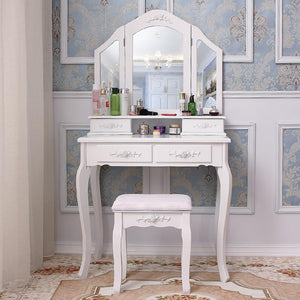 Dressing Table with Mirror and 3 Mirrors White and Stool